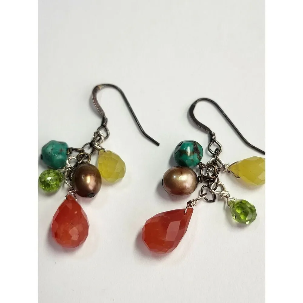 Multi-Gemstone And Pearl Cluster Drop Earrings Sterling Silver